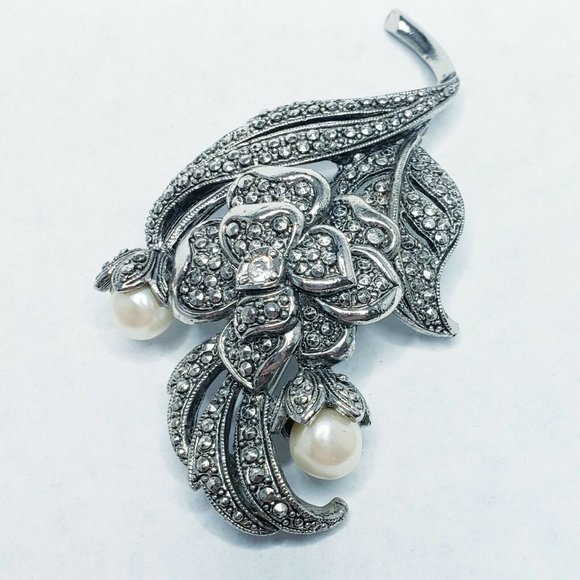 KJL Kenneth Jay Lane Marcasite Faux Pearls Rhinestone Flower Brooch Pin Signed - Picture 2 of 5